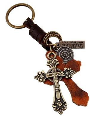 Porte clef jesus sur croix metal et cuir