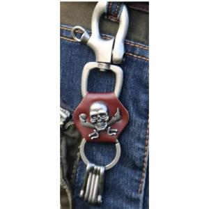 Porte clef lanière cuir skull  et 4 mousquetons