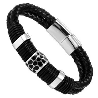 Bracelet cuir noir color black style 1  21.5cm