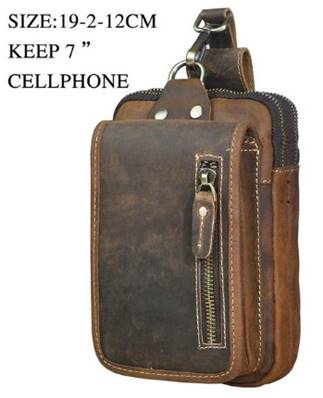 Portefeuille ceinture cuir marron fermeture eclair sur rabat dark bro