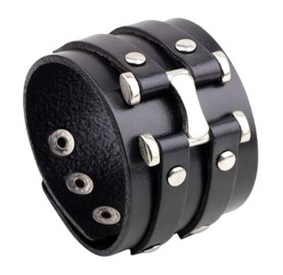 Bracelet manchette  CUIR NOIR  plated