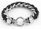 bracelet mixte cuir et metal entrelacé , extremite skull